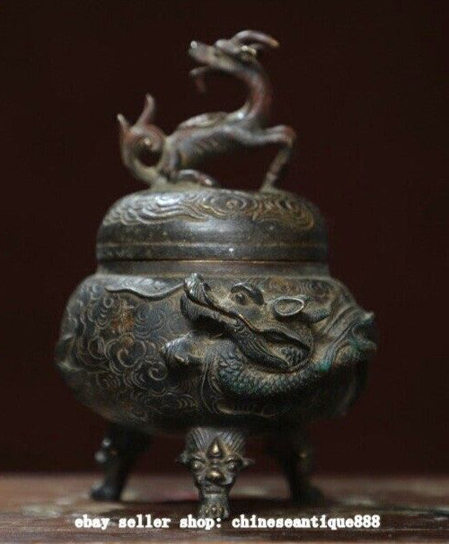 5.5" Marked Antique China Pure Bronze Dynasty Dragon Beast Incense Burner Censer
