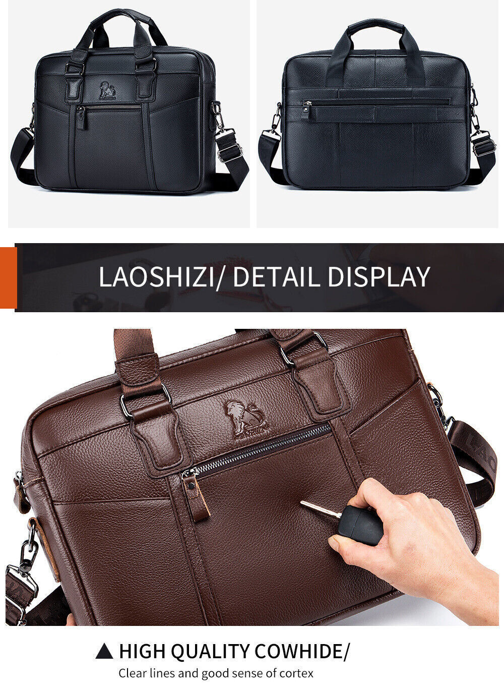 Men's Genuine Leather Shoulder Messenger Bags Business Work Bag Laptop Briefcase