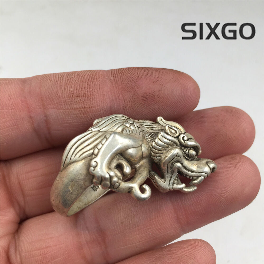 China OLD antique 23mm Tibetan silver handmade 3D dragon Unicorn Kylin ring
