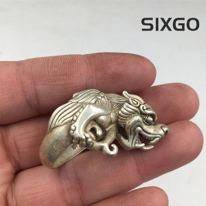 China OLD antique 23mm Tibetan silver handmade 3D dragon Unicorn Kylin ring