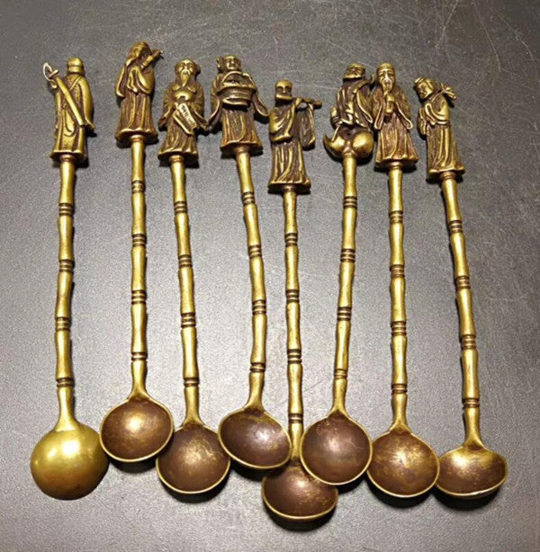8pcs Exquisite Chinese Old Brass Handmade Carved Eight Immortals Small Spoon