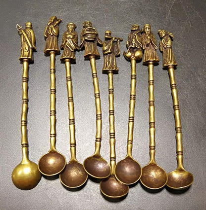 8pcs Exquisite Chinese Old Brass Handmade Carved Eight Immortals Small Spoon