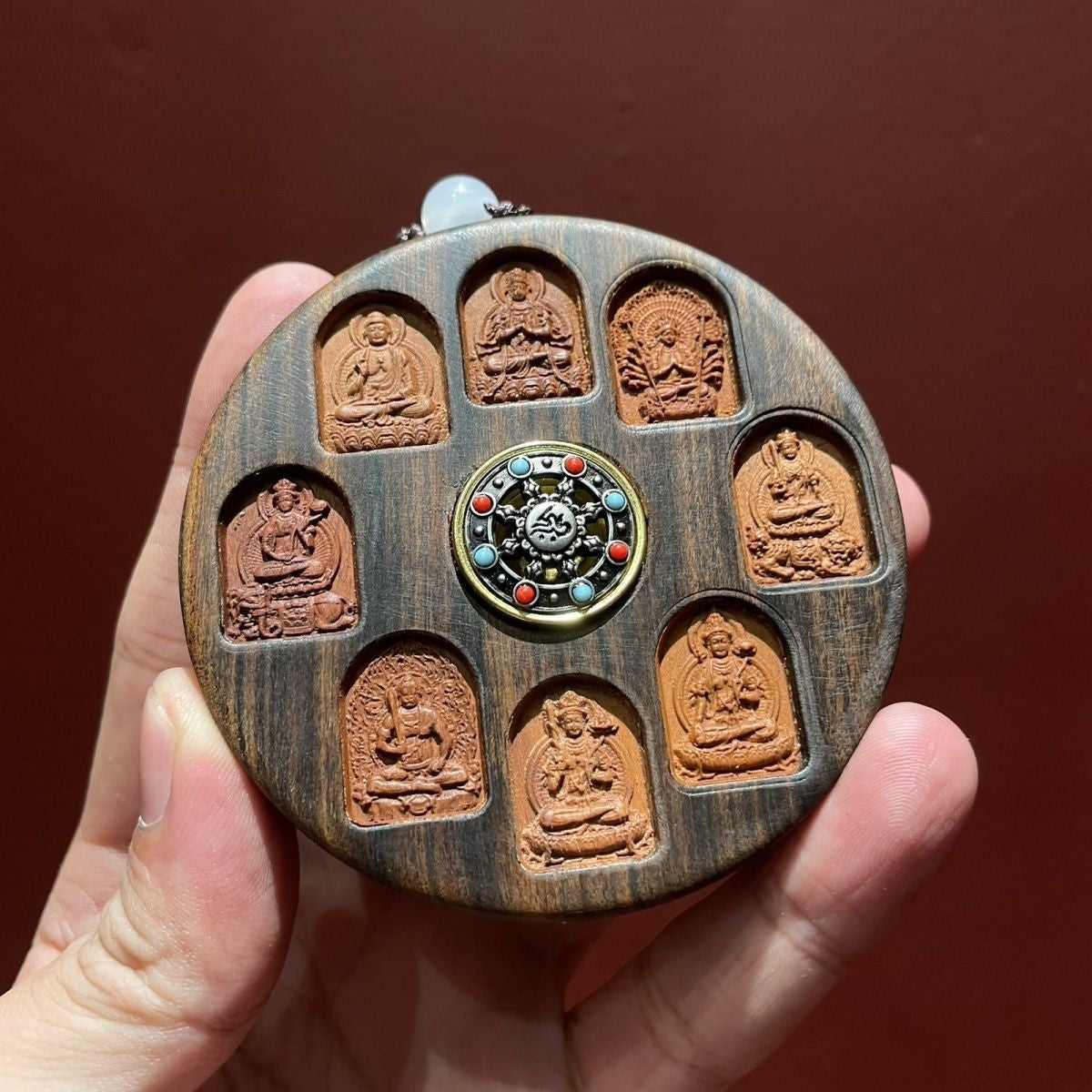 Wooden Eight Guardian Deities Pendant Rotatable Mantra Carved Ornament