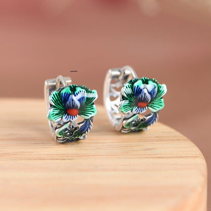 Real Solid 925 Sterling Silver Hoop Women Hollow Enamel Lotus Flower Earrings