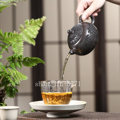 True Yixing Zisha Clay Tea Pot Marked Mountain Carved Handmade Master Pot 300ml