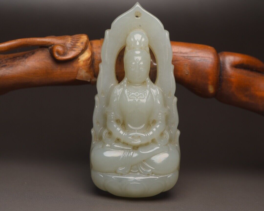Chinese Natural Hetian Jade Carving Kwan Yin Statues Lucky Jade Pendant Jewelry