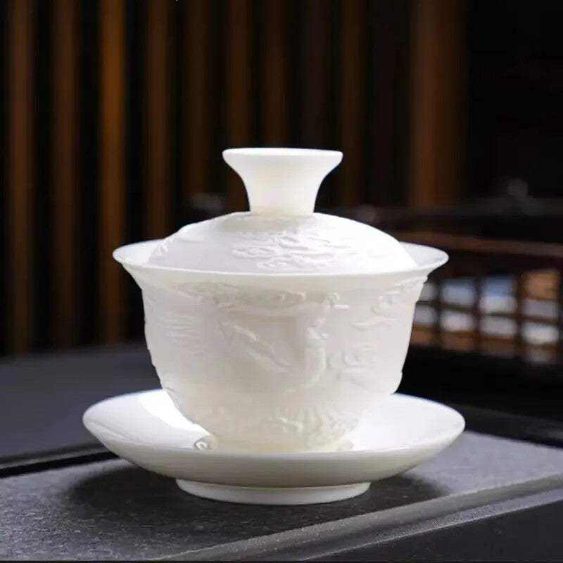 Kung Fu Tea Set Tureen Ceramic Simple Portable Dragon and Phoenix Cups Gaiwan