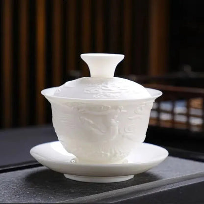 Kung Fu Tea Set Tureen Ceramic Simple Portable Dragon and Phoenix Cups Gaiwan
