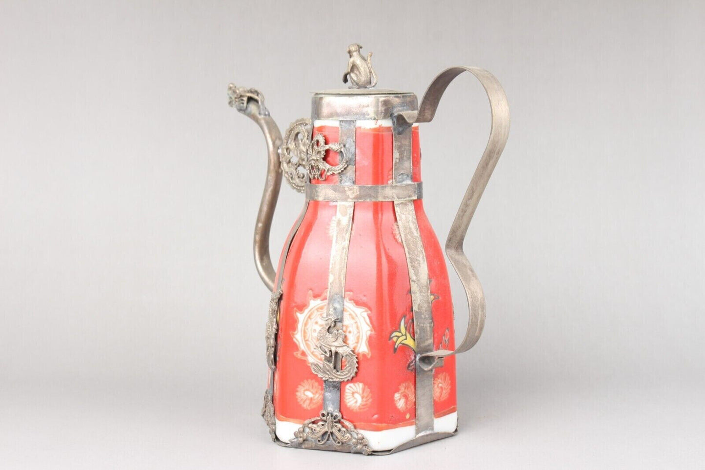 5.3" old Antique China Feng Shui Porcelain inlaid with Tibetan silver Teapot