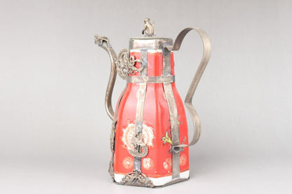 5.3" old Antique China Feng Shui Porcelain inlaid with Tibetan silver Teapot