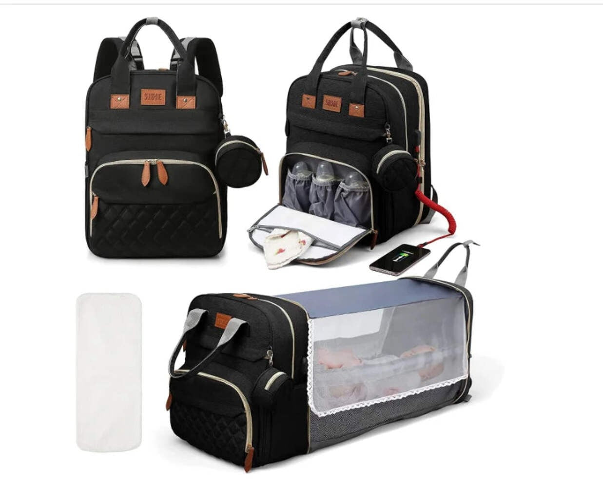 3-in-1 Baby Travel Diaper Bag with Foldable Bed