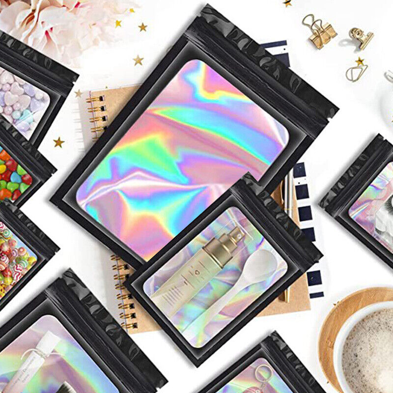 100pcs Smell Proof Mylar Bags Holographic Resealable Packaging Foil Pouch Bag*