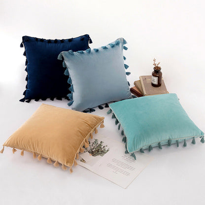 Tassel Velvet Sofa Pillow Cover Solid Plush Sofa Cushion Cover Fringe Pillowcase