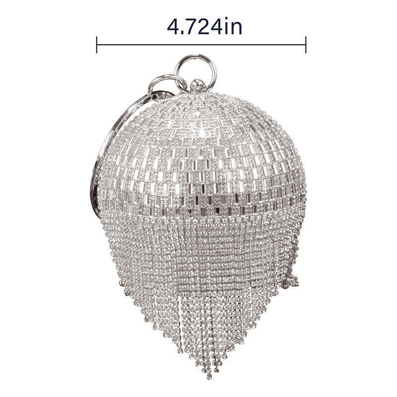 Women Fashion Round Crystal Ball Tassel Ladies Party Festive Wedding Clutch Bag
