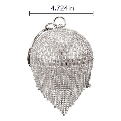 Women Fashion Round Crystal Ball Tassel Ladies Party Festive Wedding Clutch Bag