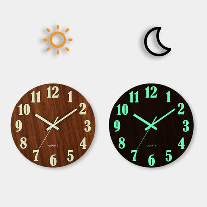 Luminous Walls Clock 12in Wood Non Ticking Light In Dark Night Living Room Decor