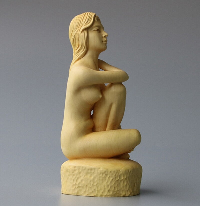 Chinese Naked Seating Model Girl Statue Boxwood Carved Beauty Figure Art Deco