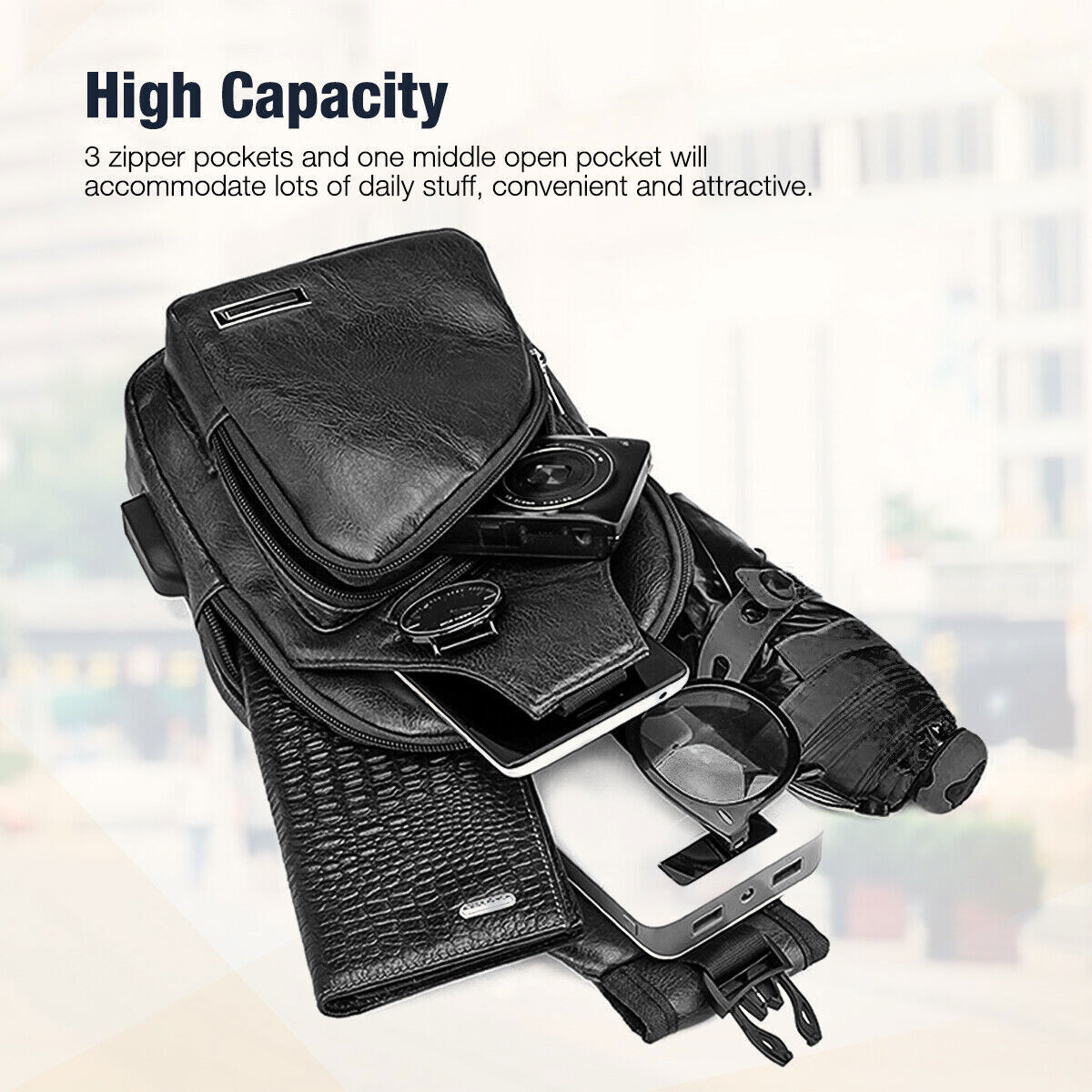 Men Leather Sling Bag Chest Shoulder Crossbody Backpack USB Charging Port Travel
