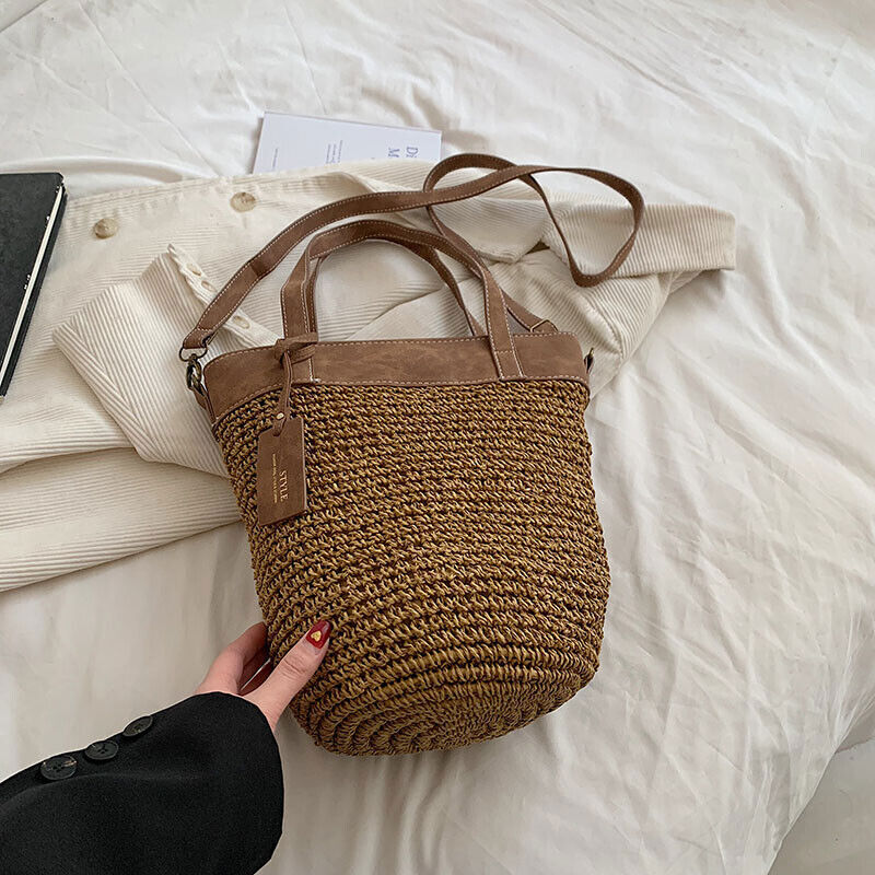 Women Zipper Weave Bag Travel Beach Bags Handmade Lady Crossbody Bag Handle