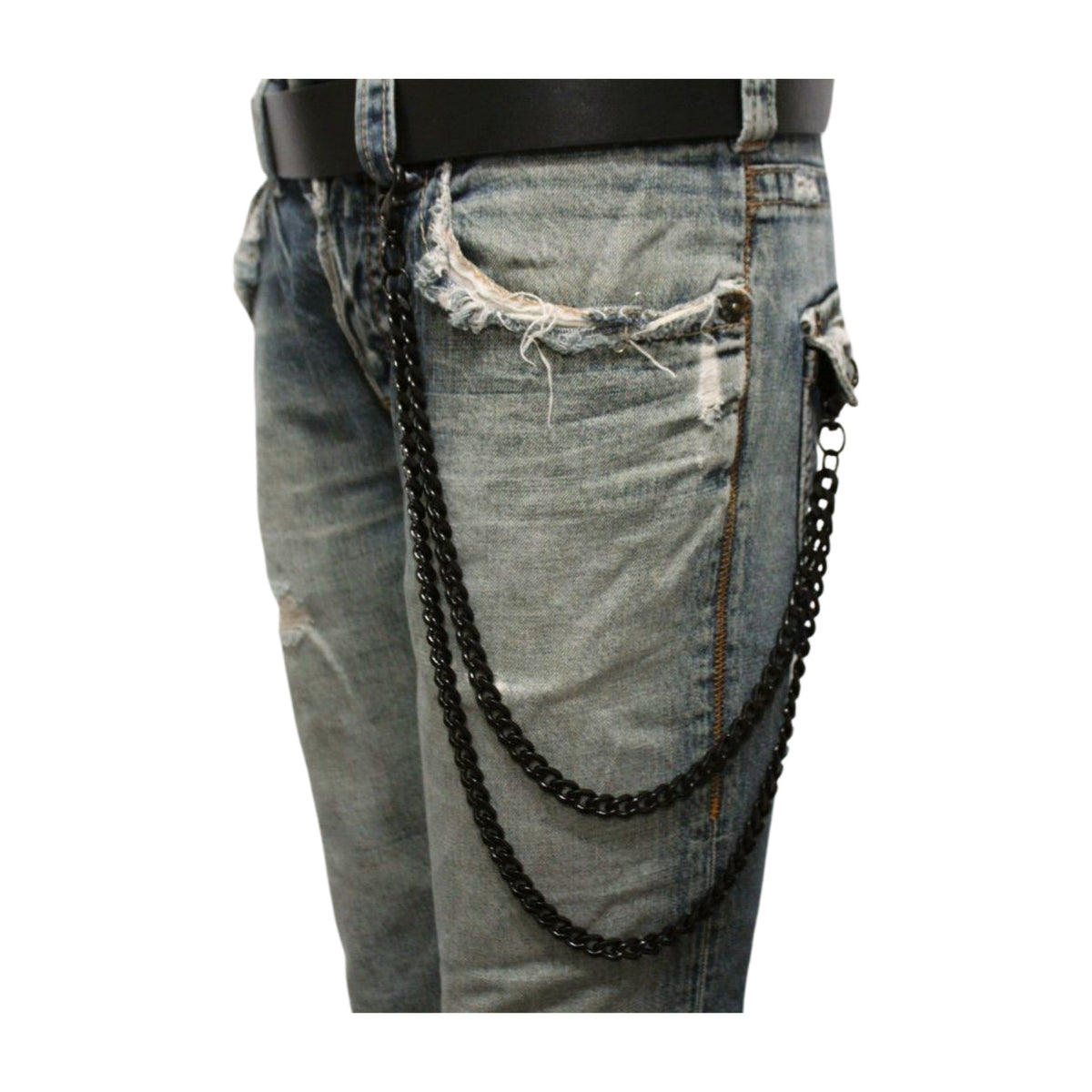 Men Black Metal Wallet Chain Links 2 Strands Keychain Jeans Pant Loop Clasp Ring