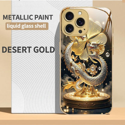 For iPhone 17 Pro Max/16/15 Plus/14 Metal Glass Painted Dragon Shockproof Case