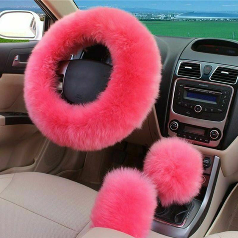 3pc Pink Australia Wool Fuzzy AutoCar Steering Wheel Cover Universal For Winter