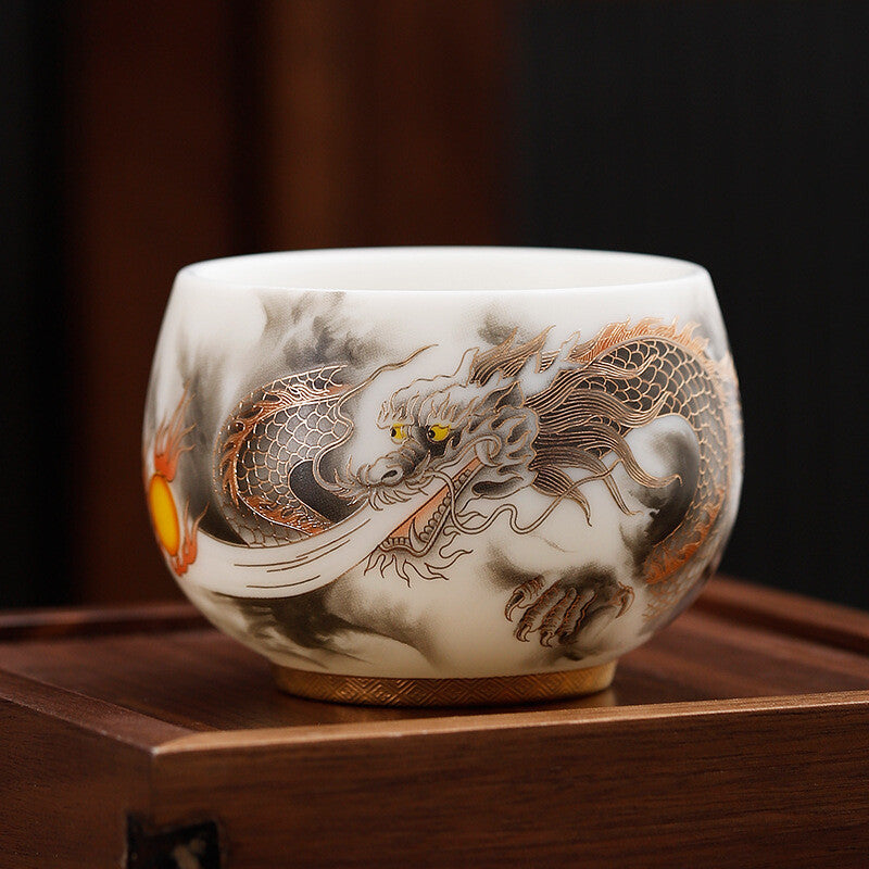 Gilding Hand Painted Tea Cup Fat Mutton Jade Porcelain Master Cup 190ml Tea Cup