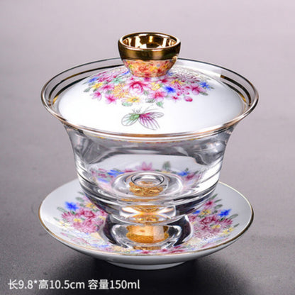 Tea Bowl Thickened Glass Tureen Tea Cover Bowl Lid Sancai Gaiwan Hand Painted