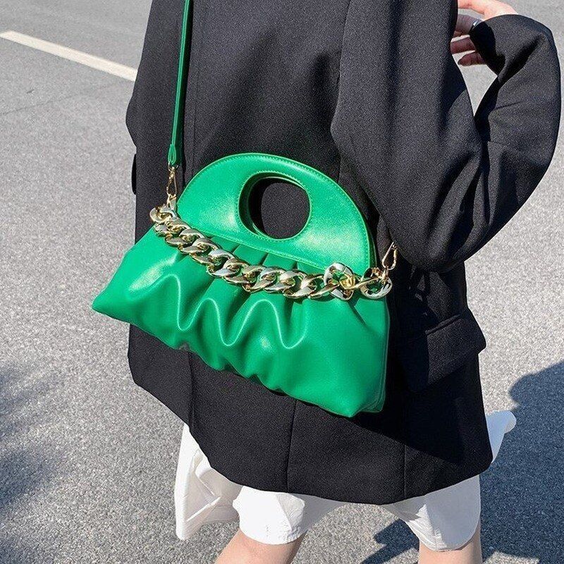 Handbag Thick Chain Handle Pleated Shell Bag Clutch Purses Crossbody Long Belt
