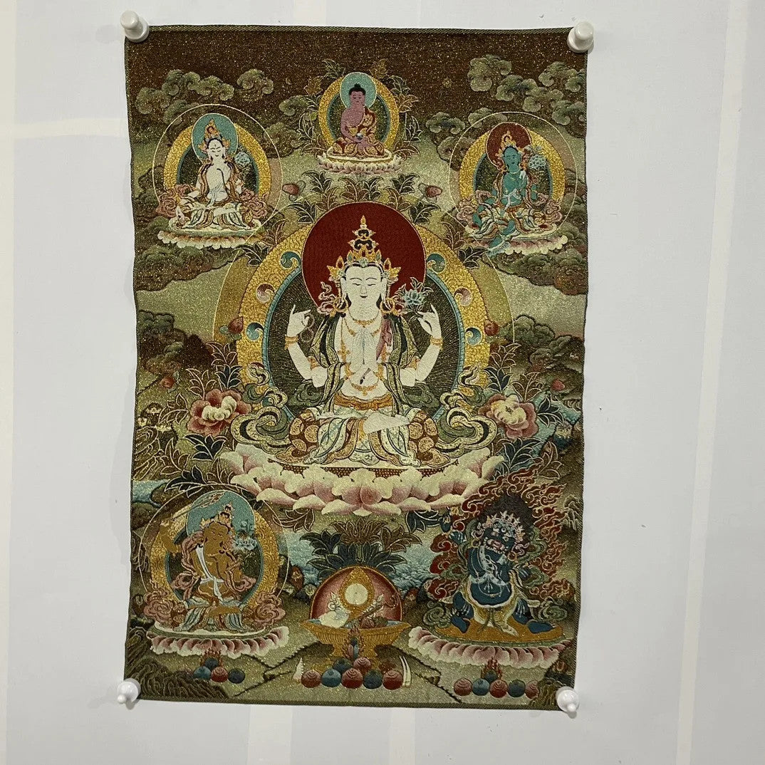 35" Tibetan Buddhism Embroidery Four Arm Guanyin Buddha Thangka Wall hanging