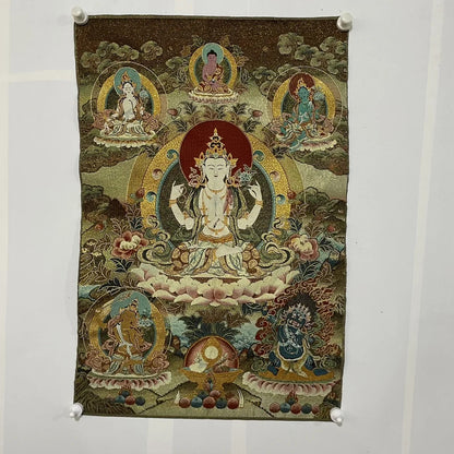35" Tibetan Buddhism Embroidery Four Arm Guanyin Buddha Thangka Wall hanging