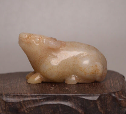 Chinese Natural Hetian Jade Carved Ox Statue Nice Figurines Collection Art Work