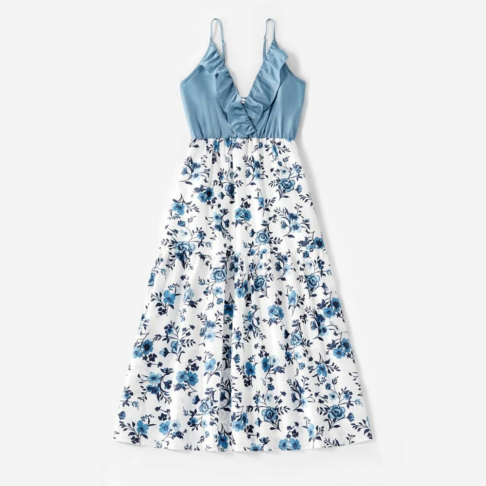 Tank Dresses Summer Spring Mosaic Cotton Matching Floral Sets Flounce Denim Tops