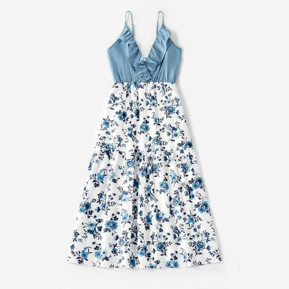Tank Dresses Summer Spring Mosaic Cotton Matching Floral Sets Flounce Denim Tops