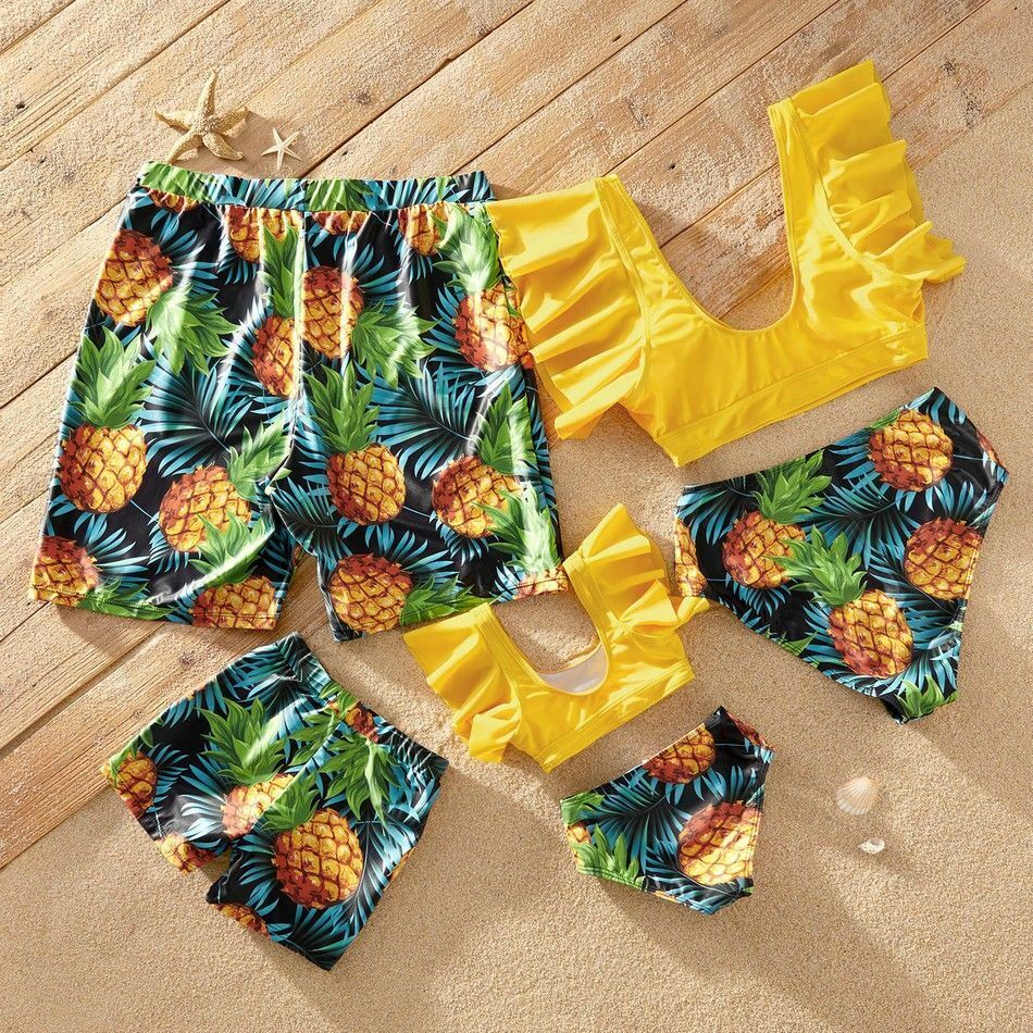 Swimwear Summer Ruffle Sleeve Swimsuits Family Look Pineapple Full Yellow Sets