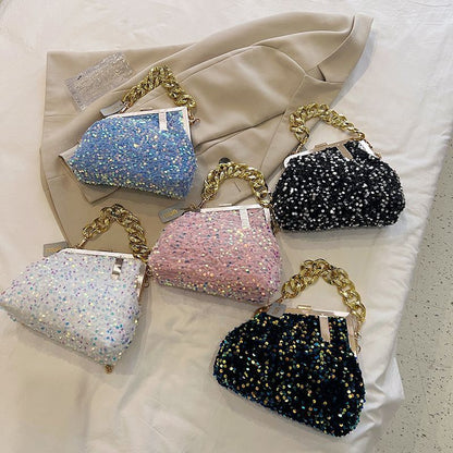 Sequin Shoulder Messenger Bag Buckle Handbag Thick Chain Polyester Purse Hasps