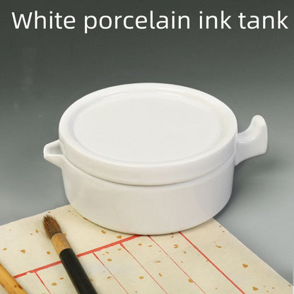 Ceramic Ink Plate White Porcelain W/ Lid Calligraphy Painting Palette 10.5x4.9cm