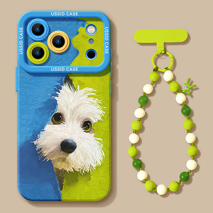 Cute Green Puppy Cartoon Phone Case with Lanyard for iPhone 17 Pro Max /16/15/14