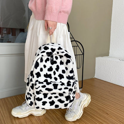 Warm Plush Backpack Teenager School Bag Cow Print Multi-Pocket Travel 37*27*10CM