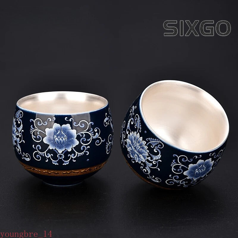 1PC Blue White Gilt Silver Teacup Handmade Ceramic Tea Cup Portable Tea Bowl
