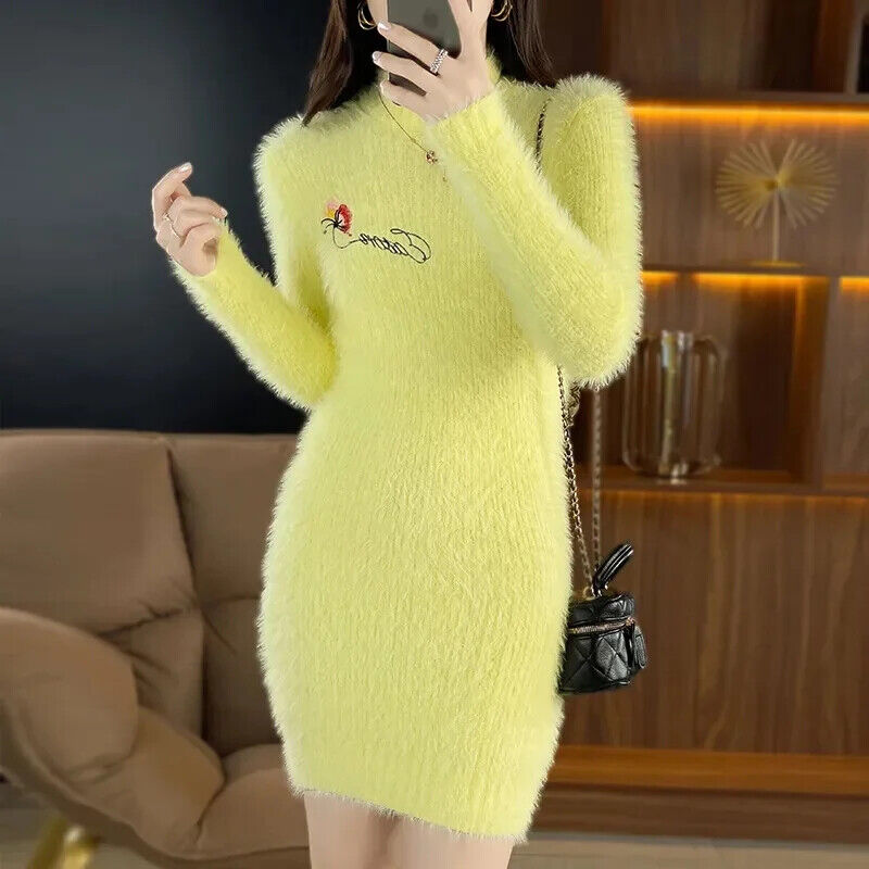 Autumn Winter Mink Fleece Dress Women Sweater Dress Base Shirt Mini Dress