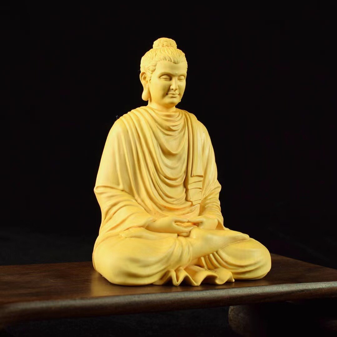 Wooden Shakyamuni Buddhist Figure Statue Solid Wood Hand Carving Chinese Buddha