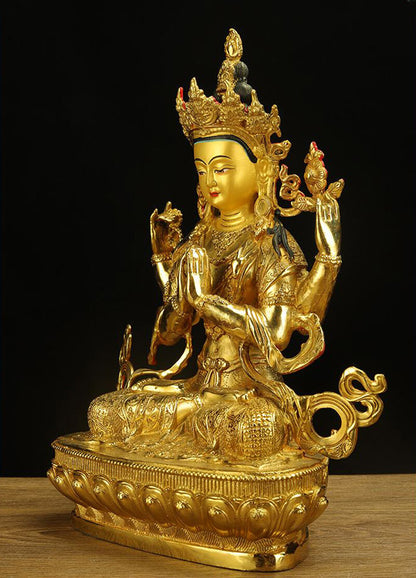 8" Chenrezig Kwan-yin 4 Arms Guanyin Divinity Buddha Statue Pure Bronze Gilt