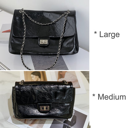 Shiny Real Leather Small Flap Shoulder Bag Purse Double Chains Crossbody Handbag