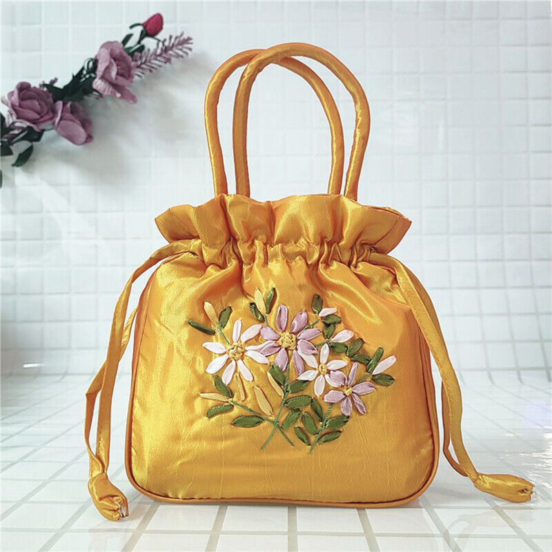 Women Ethnic Embroidered Floral Satin Handbag Girls Drawstring Tote Hanfu Bag