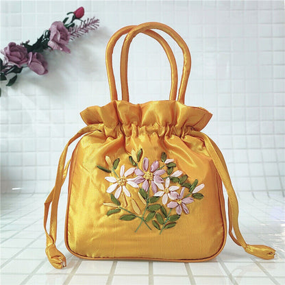 Women Ethnic Embroidered Floral Satin Handbag Girls Drawstring Tote Hanfu Bag
