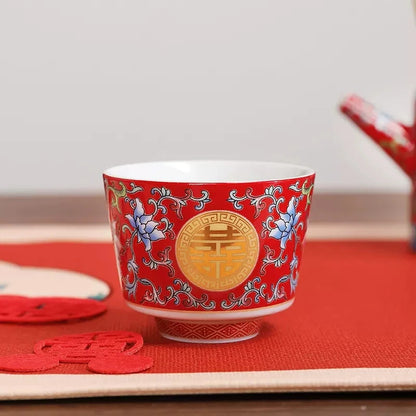Traditional Chinese Enamel Colored Tea Cup Set Tea Pot Set Wedding Tea Cup