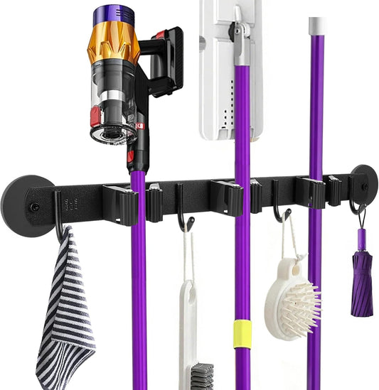 Magnetic Broom Holder Wall Mount - Heavy Duty Non-Slip Mop Hanger with 4 Hooks a