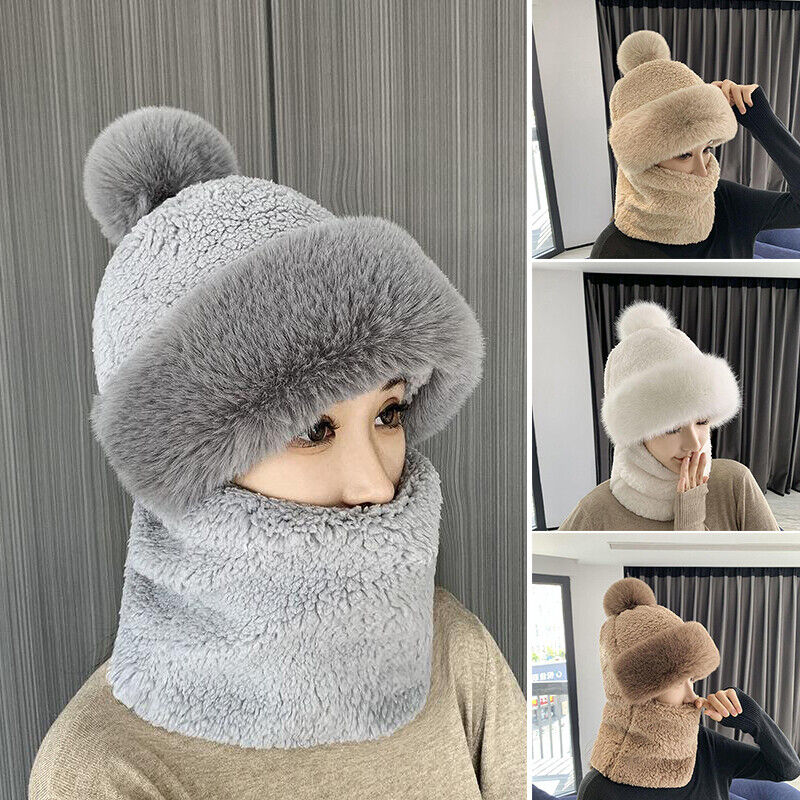 Women Warm Plush Velvet Hats Hooded Thick Scarf Caps Neck Warmer Pullovers Hat