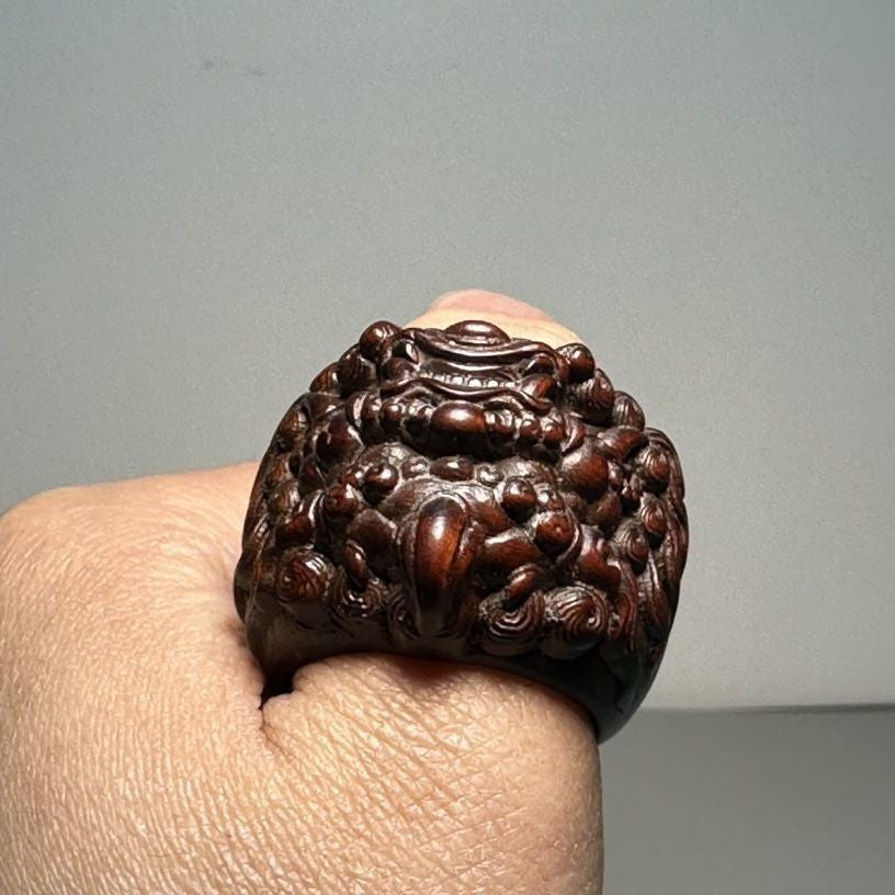 Vintage Boxwood Pixiu Ring Wooden Thumb Ring 2.0-2.2cm Antique Men’s